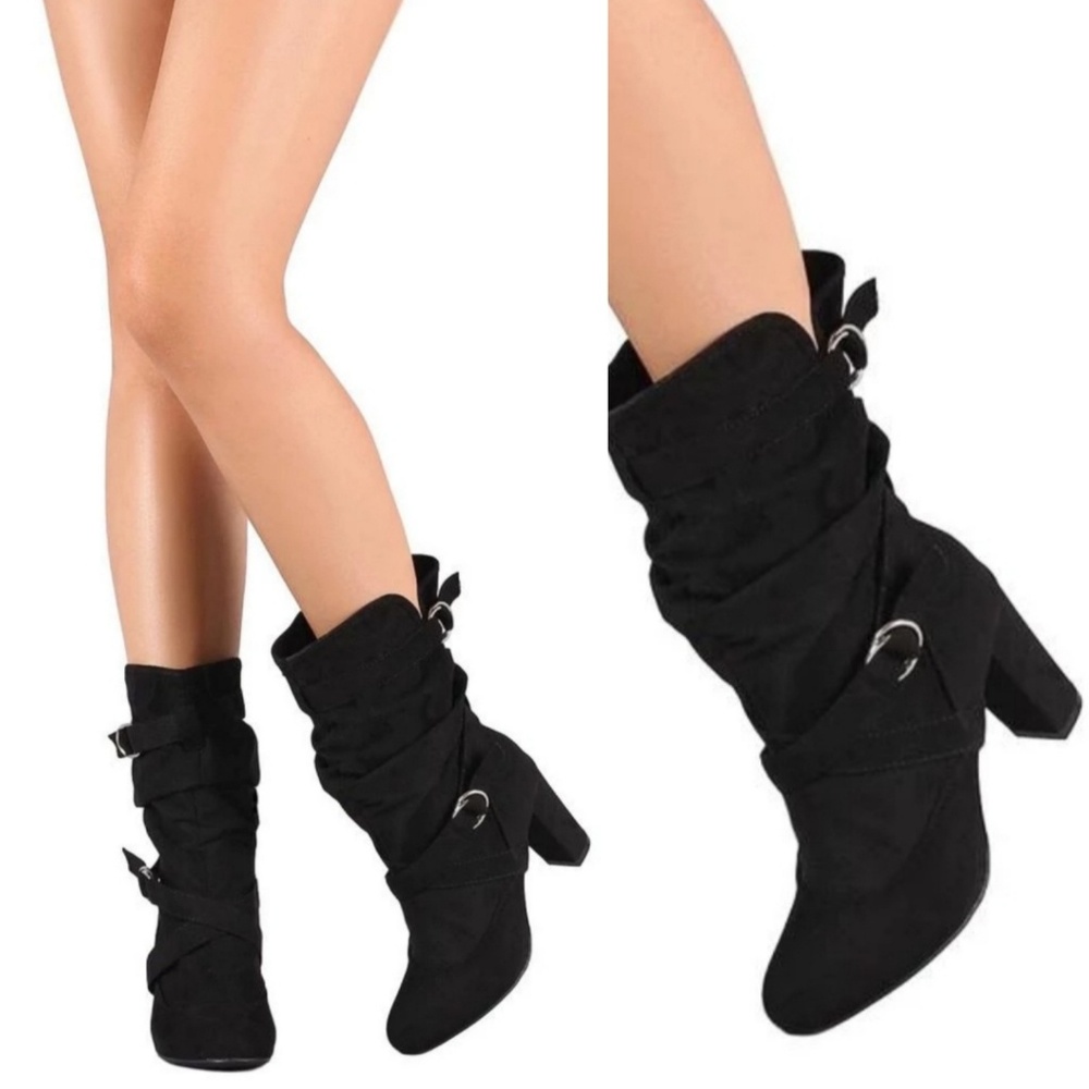 Faux Suede Buckle detail Slouch Boot